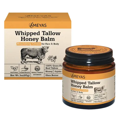 Fragrance-Free Pure Beef Tallow & Honey Hydrating Balm - 3 oz Intensive Soothing Face & Body Care, Deep Moisturizing Moisture Boost Cream with Shea Butter, Beeswax for Sensitive Skin, Lip Balm