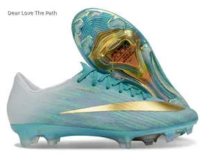 Light Cyan Gradient Knit FG Soccer Cleats Metallic Gold Logo Iridescent Transparent Firm Ground Studs Low Top Professional Football Shoes Unisex