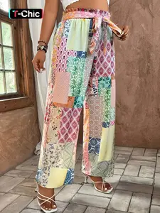 Women's Patchwork Print  Tie Waist Wide Leg Pants,   Casual Comfy Trousers for Daily Wear, Ladies Bottoms for All Seasons