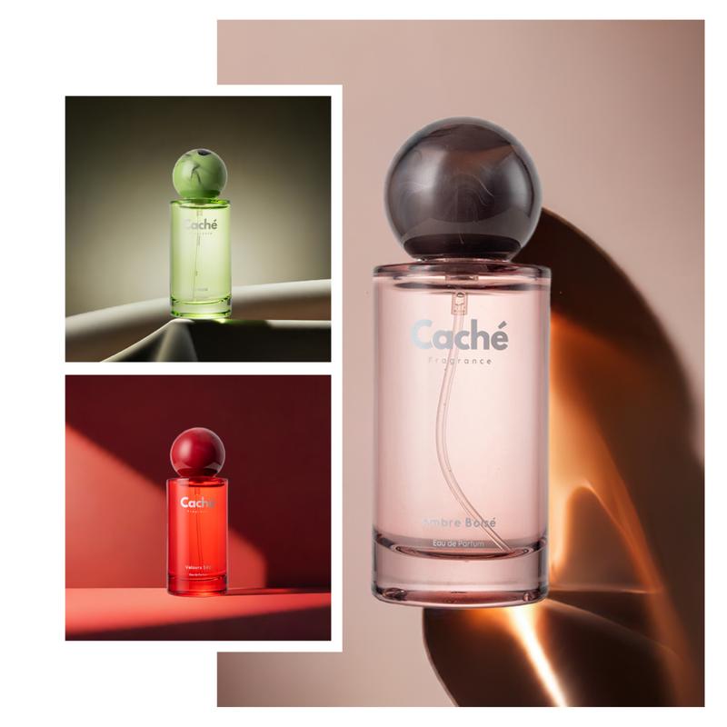 Caché Fragrance | Ambre Boisé + Santalé + Velours 540 | Golden Amber Elixir | Long-Lasting Comfort | Eau De Parfum (3 x 1.7oz / 50ml)