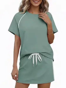 Women's 2-Piece Set, Colorblock Elastic Waist Skirt, Patchwork Design, Fashion Casual Top and Skirt Set, Stylish and Comfortable, Womenswear