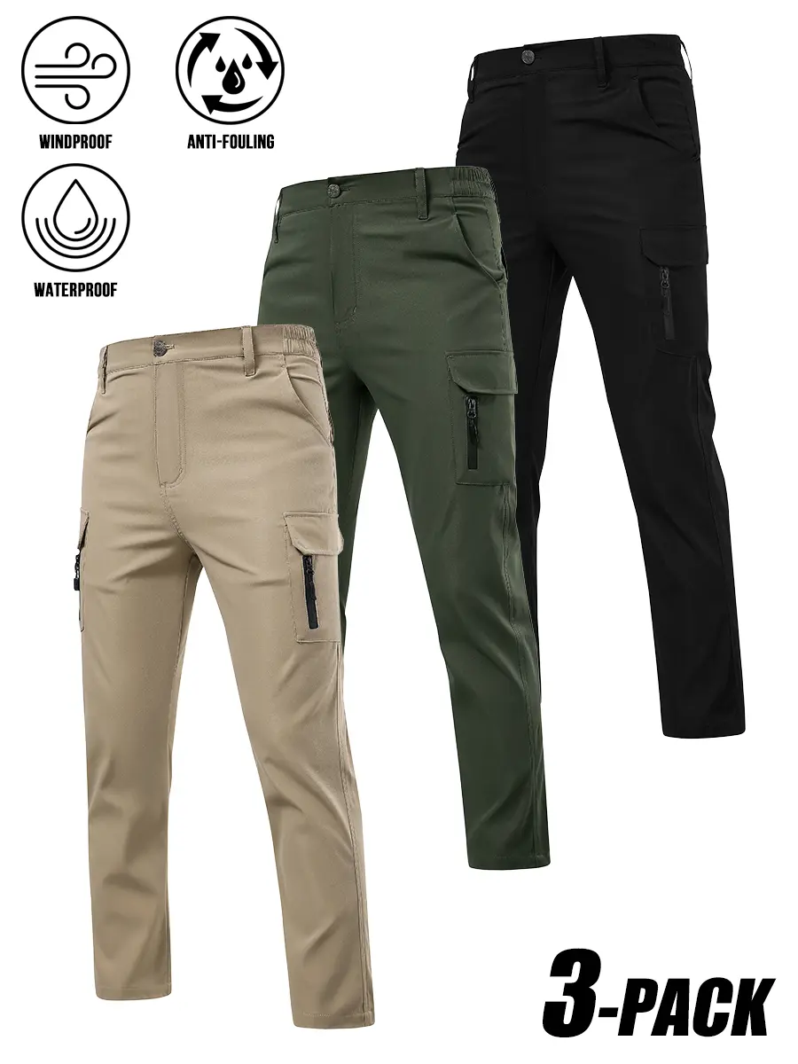 3-PACK Men Slim Fit Tactical Cargo Hiking Pants, 3-proof windproof waterproof anti-fouling fabric, elastic waist zipper cargo pockets outdoor work trekking combat trousers