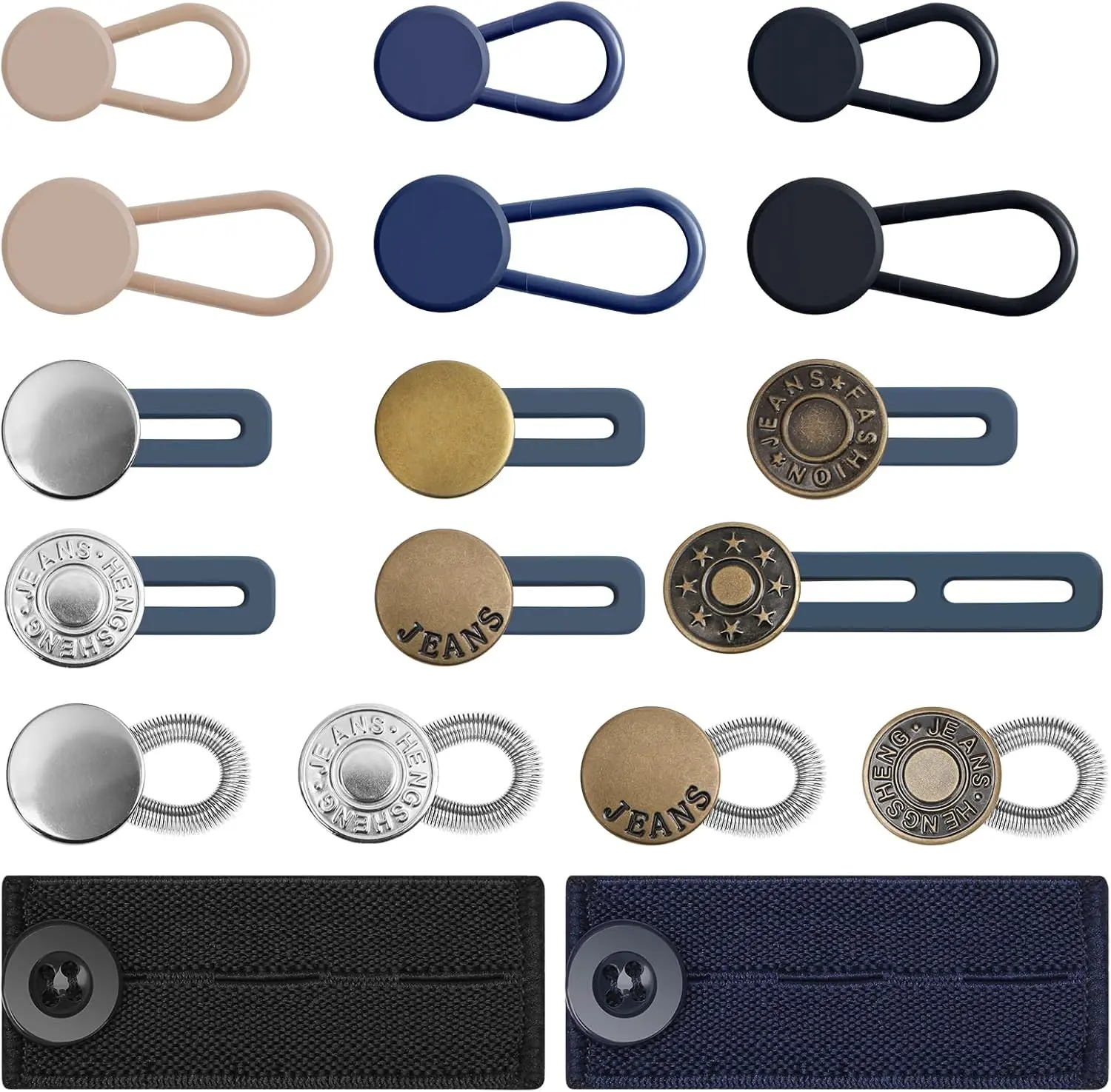 Adults' Elastic Band Button Extenders (18-Count, 6 Sizes, 6 Colors) - Discreet Fabric Accessory with Durability, No Extra Sewing Needed for Custom Jeans & Pants Fit