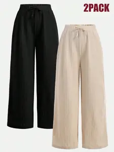 2-piece set of youth pleated woven loose pants, Trouser, simple and versatile in solid color, suitable for spring, summer, casual, comfortable and breathable, suitable for travel, play and sports, daily matching, Bottoms, girls' pants