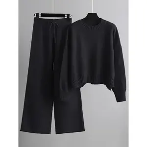 2025Women's Casual Knitwear Set - Cozy Long Sleeve Crew Neck Sweater & Wide-Leg Pants, Solid Color, Polyester Clothing CollarGift(gift)