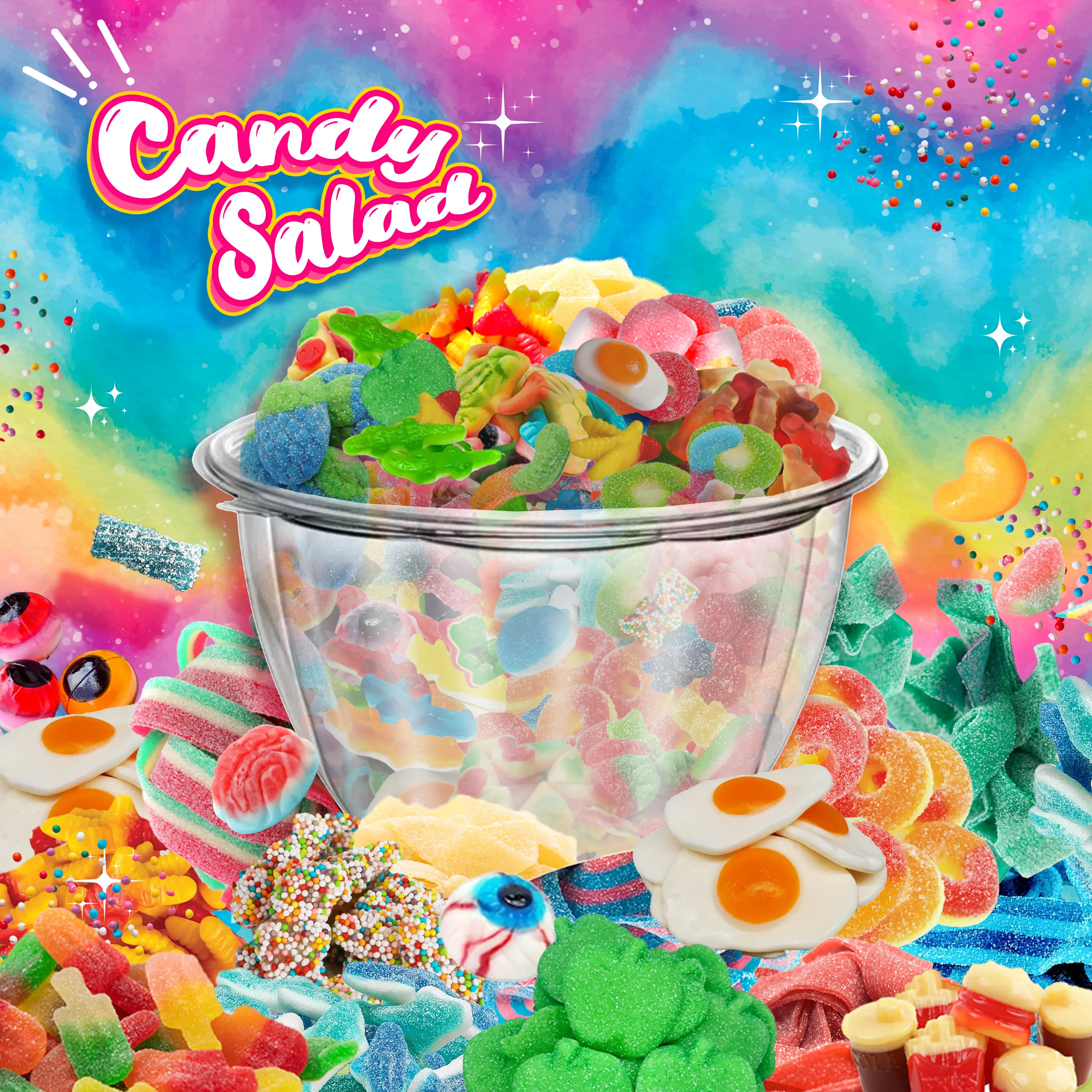 Candy Salad - Colorful Custom Gummy Mix with Topper Powders and Sauces for the Perfect Sweet Treat