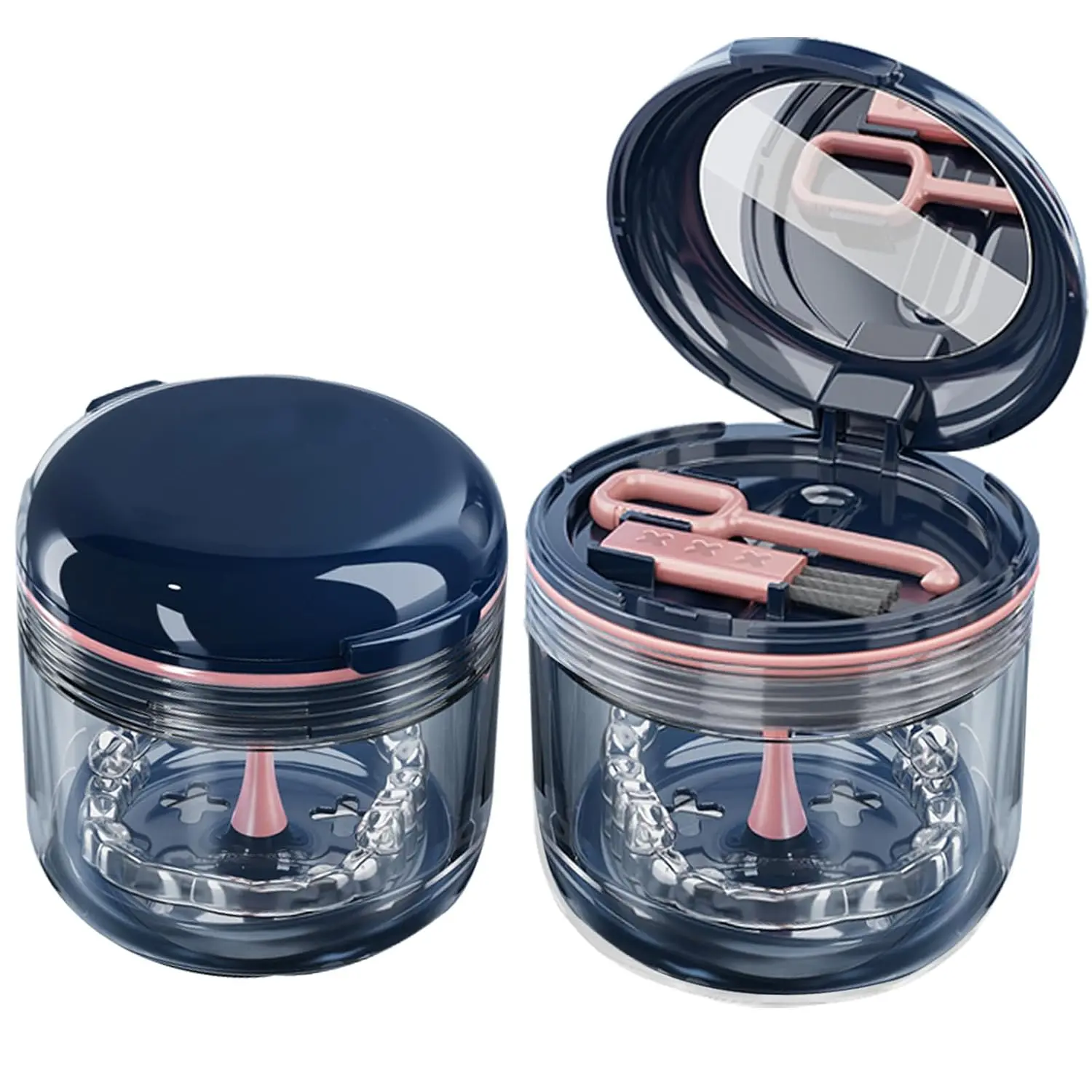 Oral Care Compact Denture Bath Box (3.15x3.15 in) - Safe Materials, Odor-Free, Built-In Mirror, Strainer Basket, Cleansing Soak Container, ABS Portable Travel Storage Cup for Retainers, Ideal for Denture Wearers