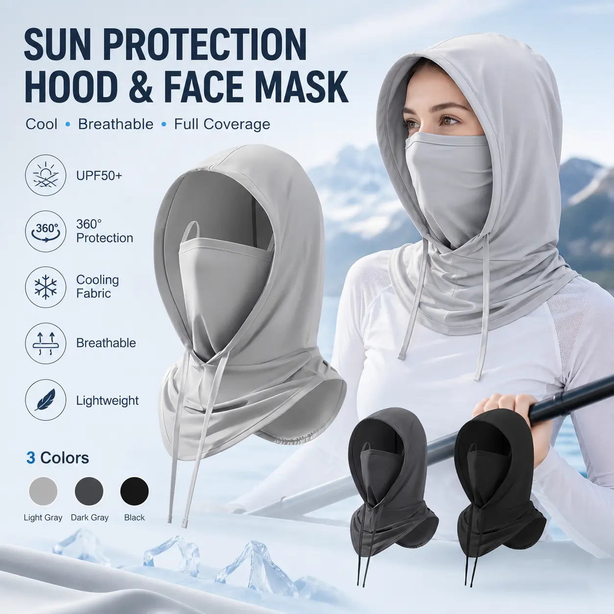 3 pcs Summer Cooling Sun Protection Hood with Unisex Face Cover, Breathable Balaclava for Cycling, Fishing, Hiking and Motorcycle