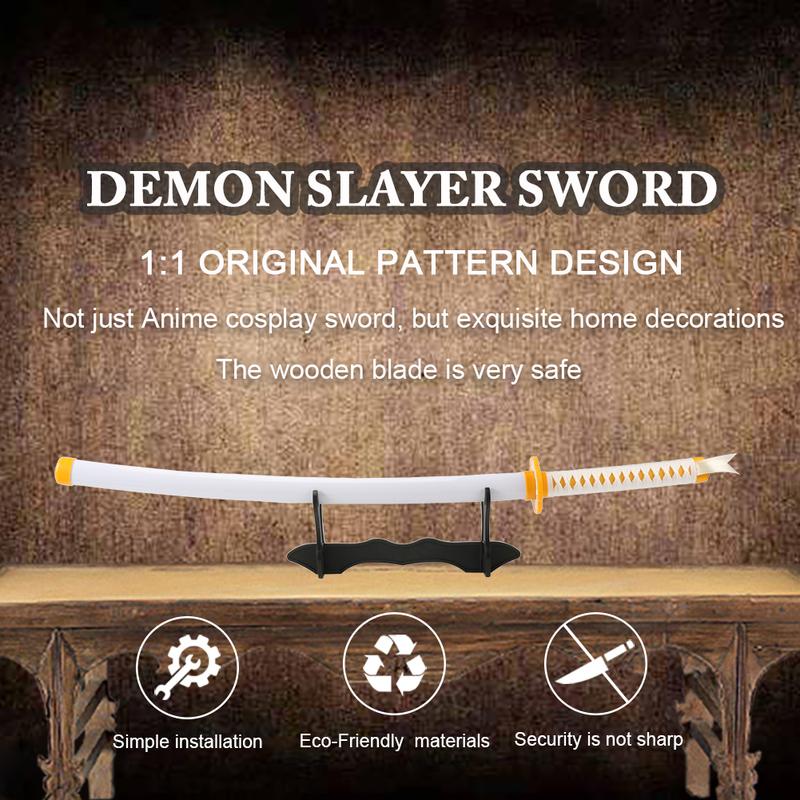 Anime Bamboo Wooden Dull Blade Demon Slayer Sword Cosplay Agatsuma Zenitsu 41 Inches with Belt Holder Stand Display for Halloween Role Playing Collection