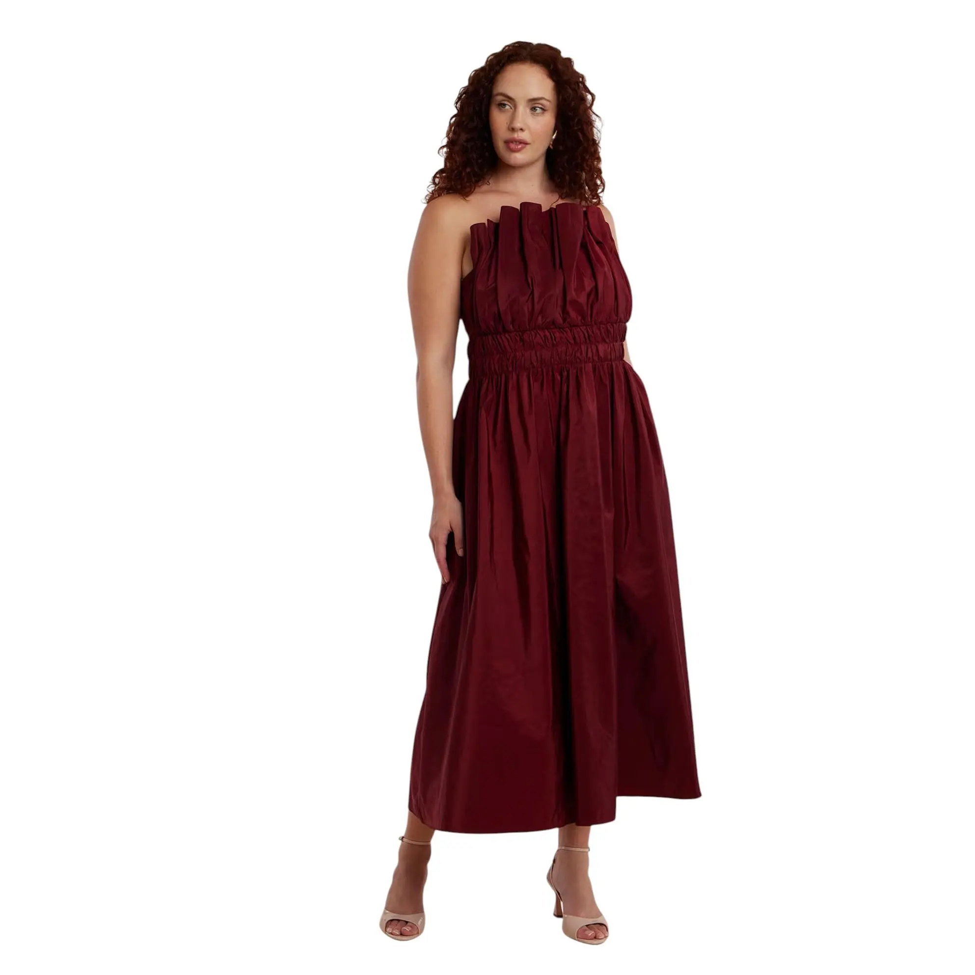ELOQUII Women's Plus Size Pleated Ruffle Neckline Midi Dress
