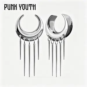 925 sterling silver post/LUNAR ECLIPSE SPIKED DANGLES/Silver Moon & Spike Huggie Earrings/ Punk Alt Aesthetic Drop Jewelry/ Gothic style styling / Punk street style / Dark-themed OOTD/Earrings, earrings accessories, ear expansion/unisex