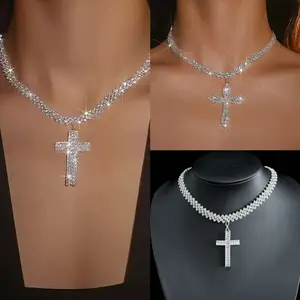Women's Bohemian Rhinestone Cross Pendant Necklace - Sparkling Bling Beach Jewelry, Fashionable Statement Accessory