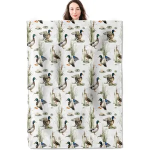 Vintage Duck Throw Blanket, Watercolor Mallard Pond Flannel Blankets Gifts for Kids Women and Nature Lovers, Home Decor Throws for Couch Bed Camping Travel Living Room Bedroom