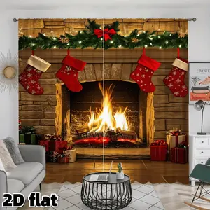 2D Flat 2Pcs Christmas Fireplace Scene Curtains, Holiday Stockings Print, Burning Design, Rod Pocket Style, Semi Sunshade Polyester, Living Room Bedroom Window Treatment, Festive Home Decor, Privacy Protection, Home Decoration Curtain