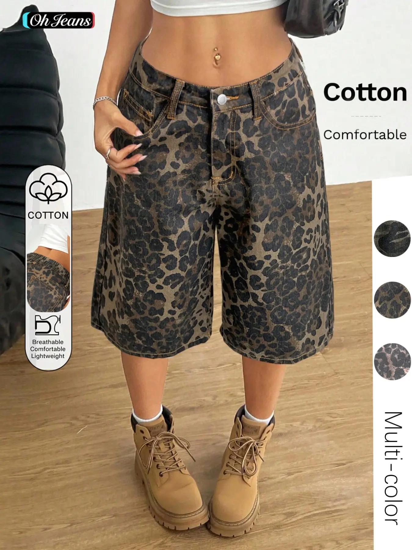 Women's Leopard Print Denim Capri Pants, Casual Wide Leg Loose Fit Shorts, Slant Pocket Button Design, Fashionable Versatile Summer Wear, Casual Relaxed Shorts