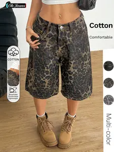 Women's Leopard Print Denim Capri Pants, Casual Wide Leg Loose Fit, Slant Pocket Design, Fashionable Versatile Breathable Summer Wear
