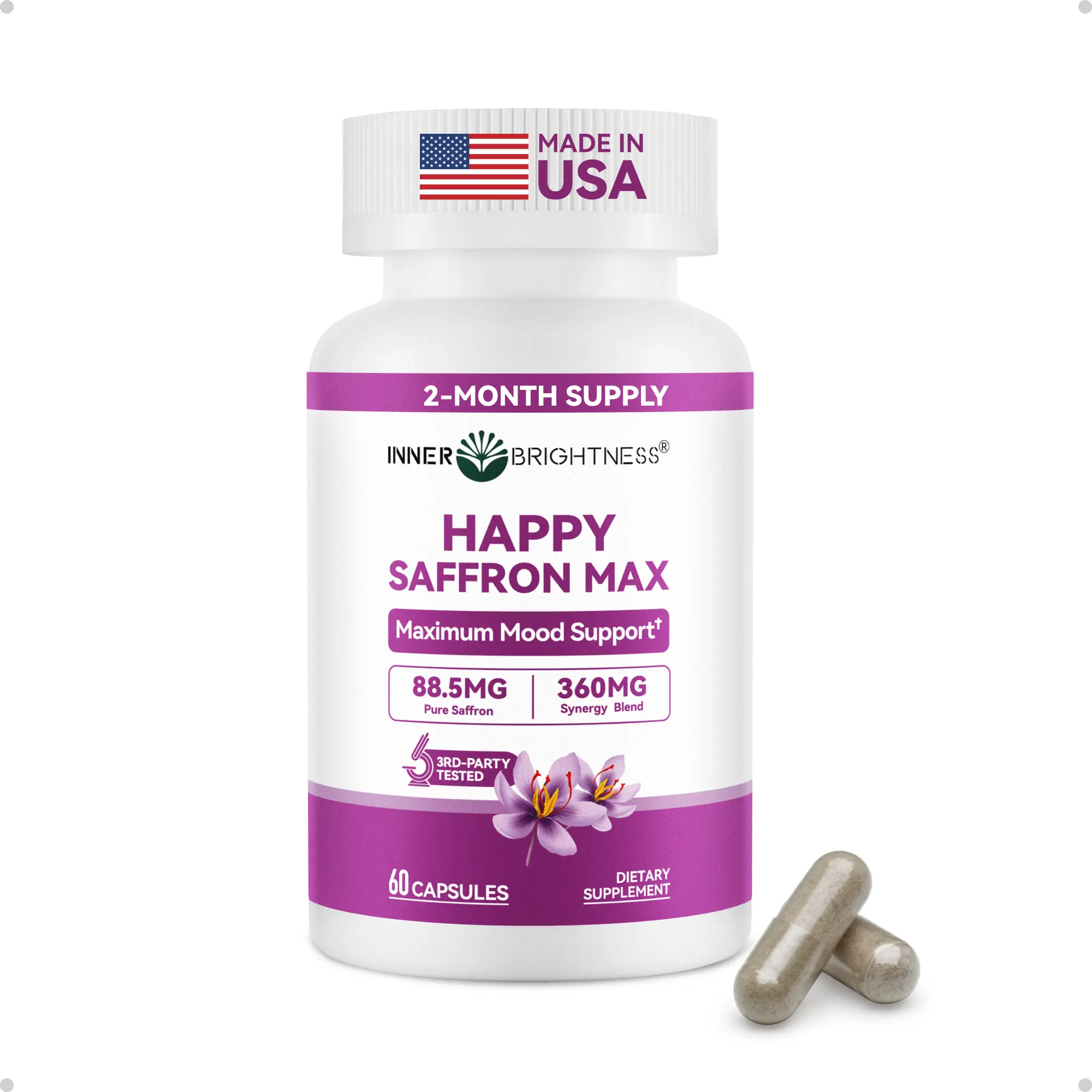 Happy Saffron Max, 88.5mg Saffron plus Magnesium, Ashwagandha & L-Theanine, Boost Energy & Mood, Support Eye & Heart Health – 60 Veg Capsules, Non-GMO, Made in USA, 2-Month Supply Mental Focus Edible