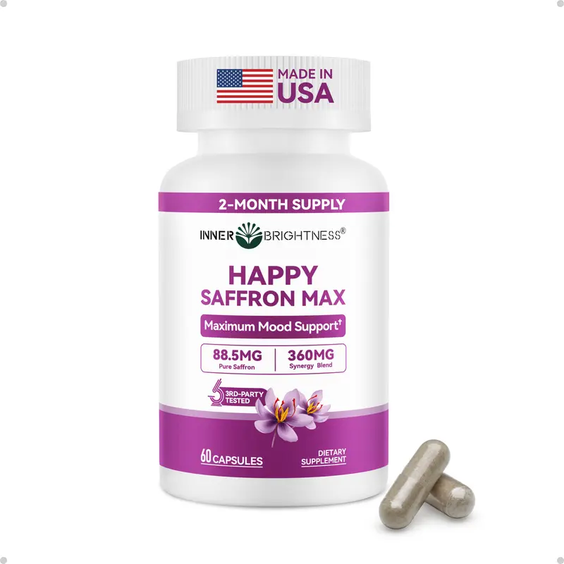 Happy Saffron Max Self Care Product - 88.5mg Saffron, Magnesium Blended Vitamins & Minerals Supplements, Ashwagandha, L-Theanine, Calming Aid, Heart Health Support, 60 Veg Capsules, Non-GMO, Made in USA, 2-Month Supply for Mental Focus, Self Care Products