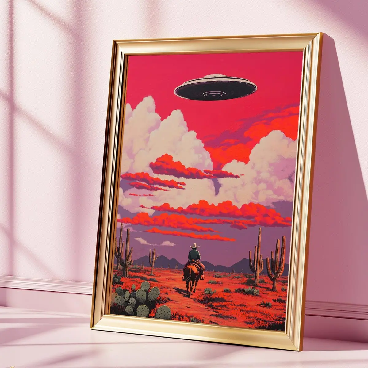 Surreal Alien Desert Print, Cowboy and UFO Poster, Retro Western Sci-Fi Wall Art, Space Cowboy Decor, Vintage Galaxy Poster, 5 Sizes (8x12–27x40 inch), Room Decor, Unframed