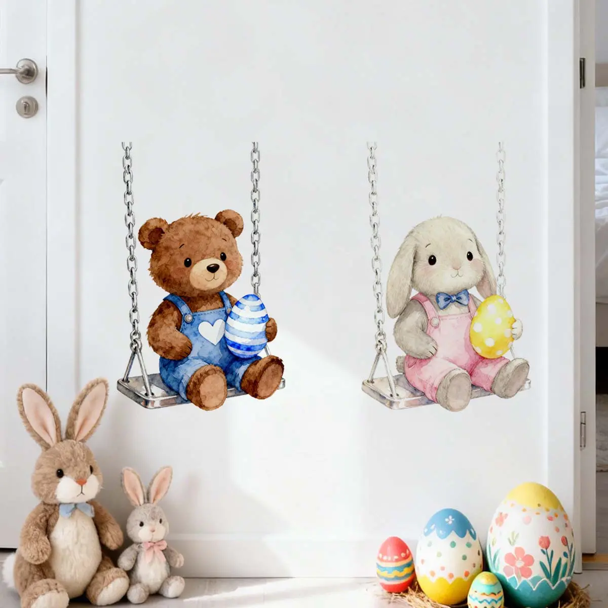 A set (30*40cm*2pcs) of Easter rabbit and bear egg wall stickers sitting on a swing, decorating festival home, living room, corridor, bedroom and bathroom background walls. M20790