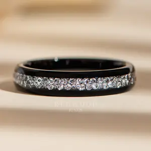 Black Tungsten Ring With Lab-Created Diamond Inlay - 4MM