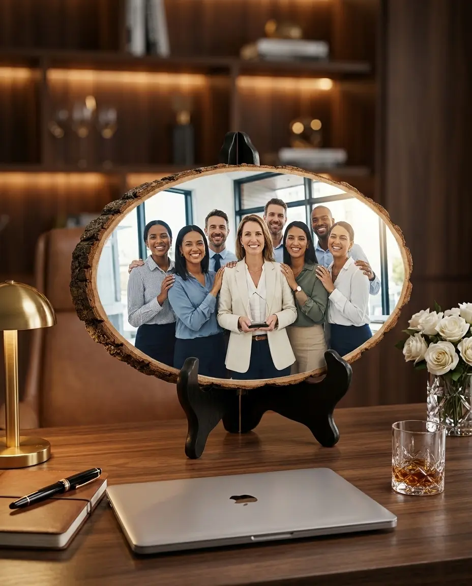 Personalized Career Achievement Wood Sign | Custom Live Edge Plaque with Your Professional Photo or Engraved Name, Title & Company Printed Edge-to-Edge | Promotion & New Job Gift