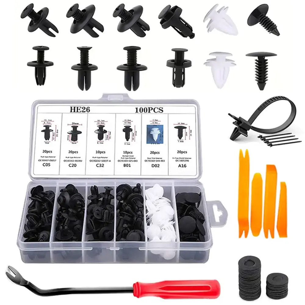 130pcs car fastener clip set -6 different types of plastic buckles, suitable for car buckle rings, safety rods, mudguard fasteners set