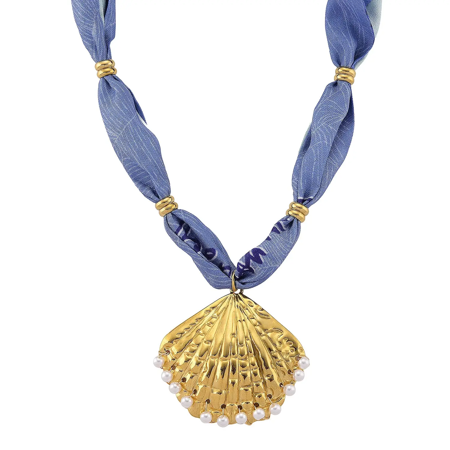 Simulated Pearl Silk Cord Necklace with Seashell Charm in ION Plated YG Stainless Steel (20 Inches)