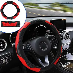 Carbon Fiber Leather Steering Wheel Cover 14.56" - 14.96" Universal Fit Non-Slip Breathable Car Steering Wheel Protector Anti-Slip Steering Wheel Cover for Women Men Black Red Blue Wine Red
