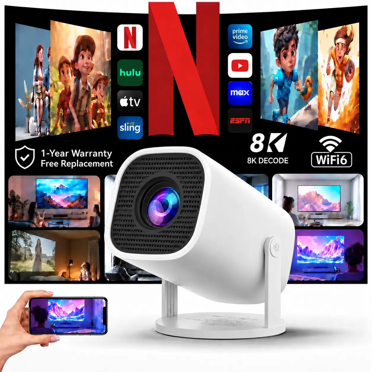 Portable LCD Mini Projector, 350ANSI Native 720P with Auto Focus, Auto Keystoning & Google Assistant, WiFi 6+BT5.4, Android 13, 4K Decode, 130" Screen, Built-in Speaker, Silent Operation for Home Theater, Outdoor Gaming #TikTokShopBackToSchool