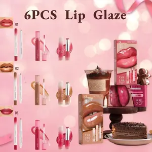 6-Piece Lip Gloss Set, Lip Liner + Lip Gloss + Lipstick, Three Colors, Perfect Gift for Friends, Romantic Glass Lips Makeup Kit