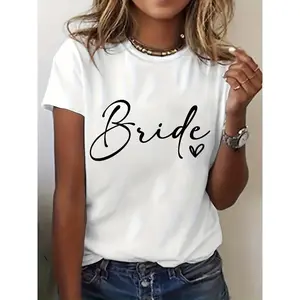 [Bride T-Shirt] White Bride Letter Print T-Shirt |   Women'S Short Sleeve Crew Neck Casual Top With Heart Detail, Medium Stretch & Machine Washable For Bridal Showers, Weddings, Summer & Spring, Bridesmaid Gifts, Wedding Party Wear, Relaxed Fit Shirt, Com
