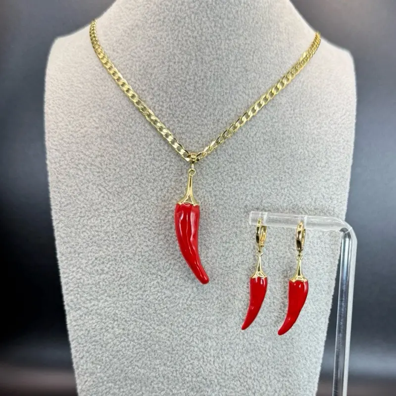 Gold Plated Cuban Chain 18 Inches with Red Chili Pendant and Earrings