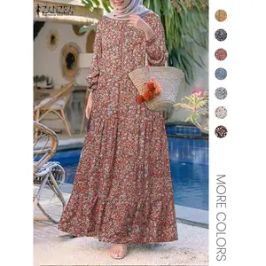 Women's Ditsy Floral Print Long Sleeve Tunic Modest Style Dress, Casual Round Neck Dress for Holiday Vacation Daily Wear, Ladies Clothes for All Seasons, Muslim Dress