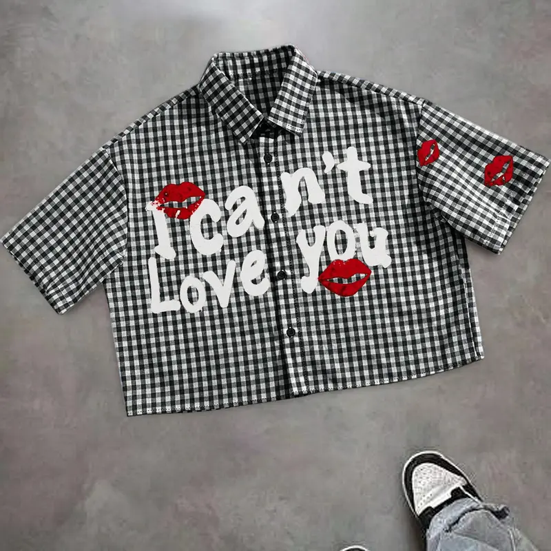 Unisex Short Cropped Plaid Checked Lip Shape Letter Print Design, Casual Fashion, Casual Style Streetwear, Comfortable Fit, Perfect for Daily Wear, All Seasons