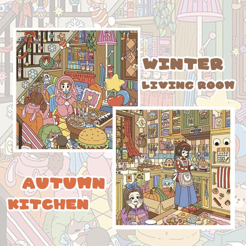 Four Seasons Home Series – 3D Scene Sticker Kit,DIY Cozy Diorama for Journaling & Scrapbooking,Kawaii Cute Gift for Girls & Teens,PET Sticker Set