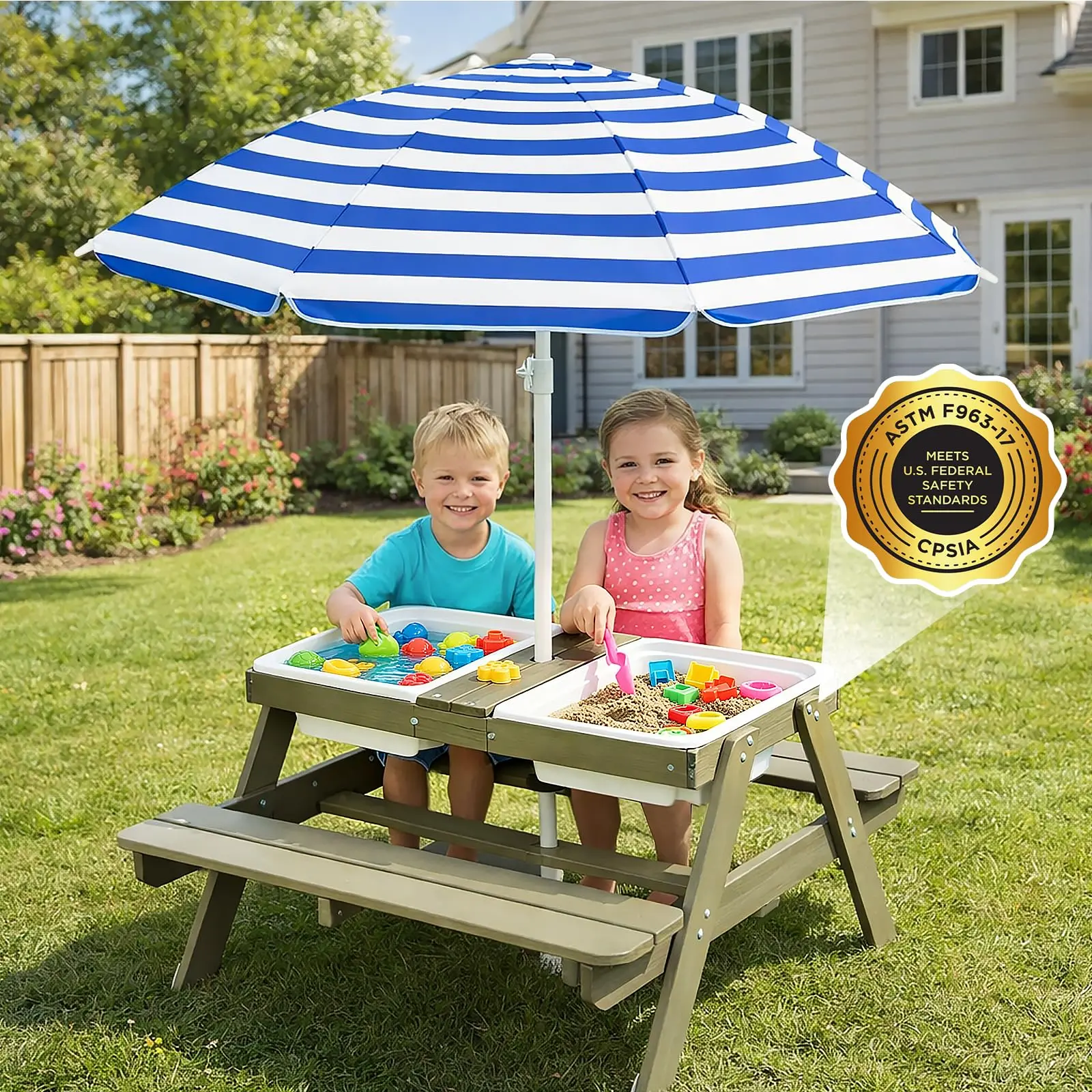 4-in-1 Kids Wooden Picnic Table & Sensory Table with Umbrella, Outdoor Sand and Water Table for Toddlers, Backyard Play Table with 2 Removable Bins for Boys & Girls summerwins