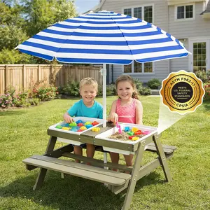 4-in-1 Kids Wooden Picnic Table & Sensory Table with Umbrella, Outdoor Sand and Water Table for Toddlers, Backyard Play Table with 2 Removable Bins for Boys & Girls