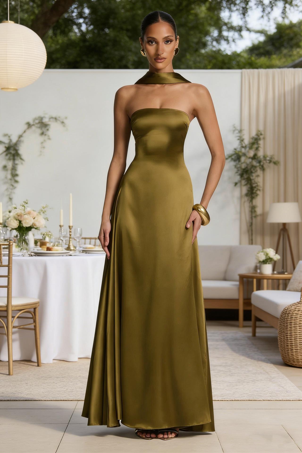Womens Backless Tube-Top Waist-Cinching Evening Gown Long Dress