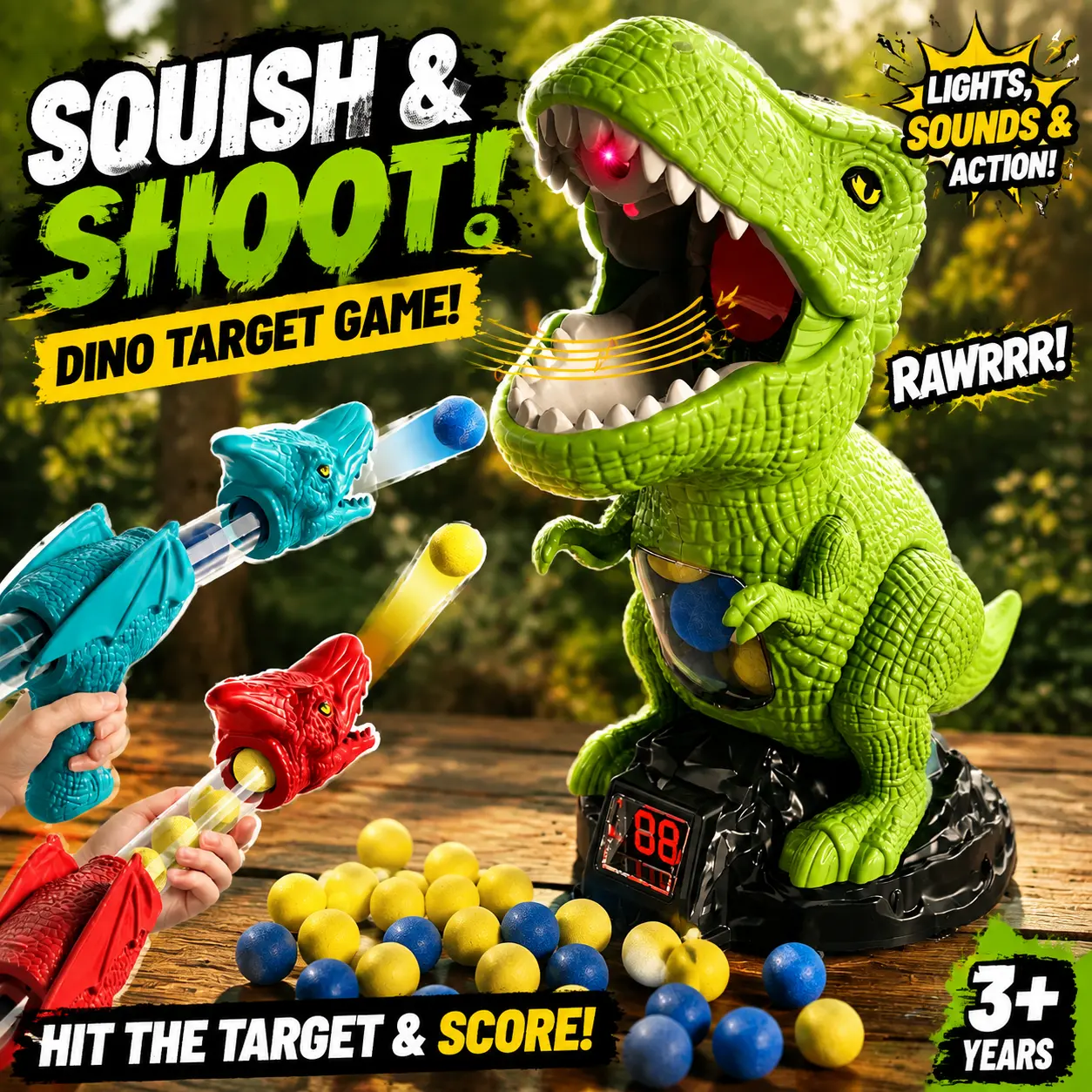 Dinosaur Shooting Toys for Kids, Foam Ball Blaster Toy Gun Set with Moving T-Rex Target, 2 Air Pump Blasters, 48 Soft Foam Balls, LED Lights, Score Counter, Steam and Roaring Sounds, Indoor Outdoor Backyard Game, Birthday Christmas Gift for Boys Girls
