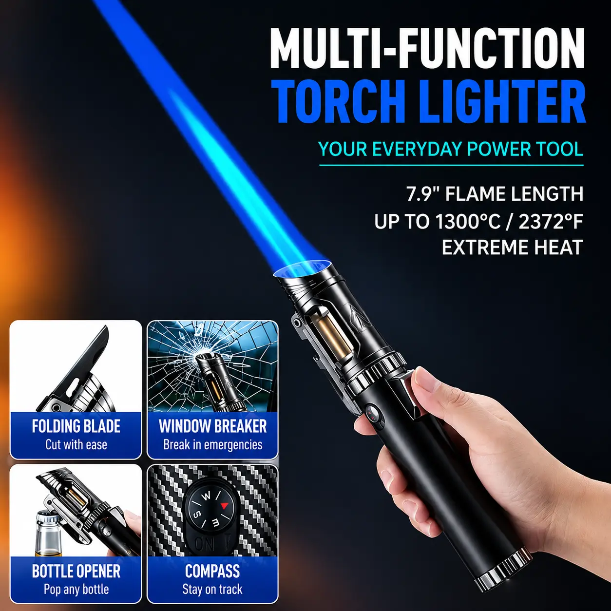 5-IN-1 Butane Torch Lighter [No Gas] with Folding Knife, Window Breaker, Bottle Opener & Compass – Windproof EDC Multi Tool for Camping, BBQ & Outdoor Adventures