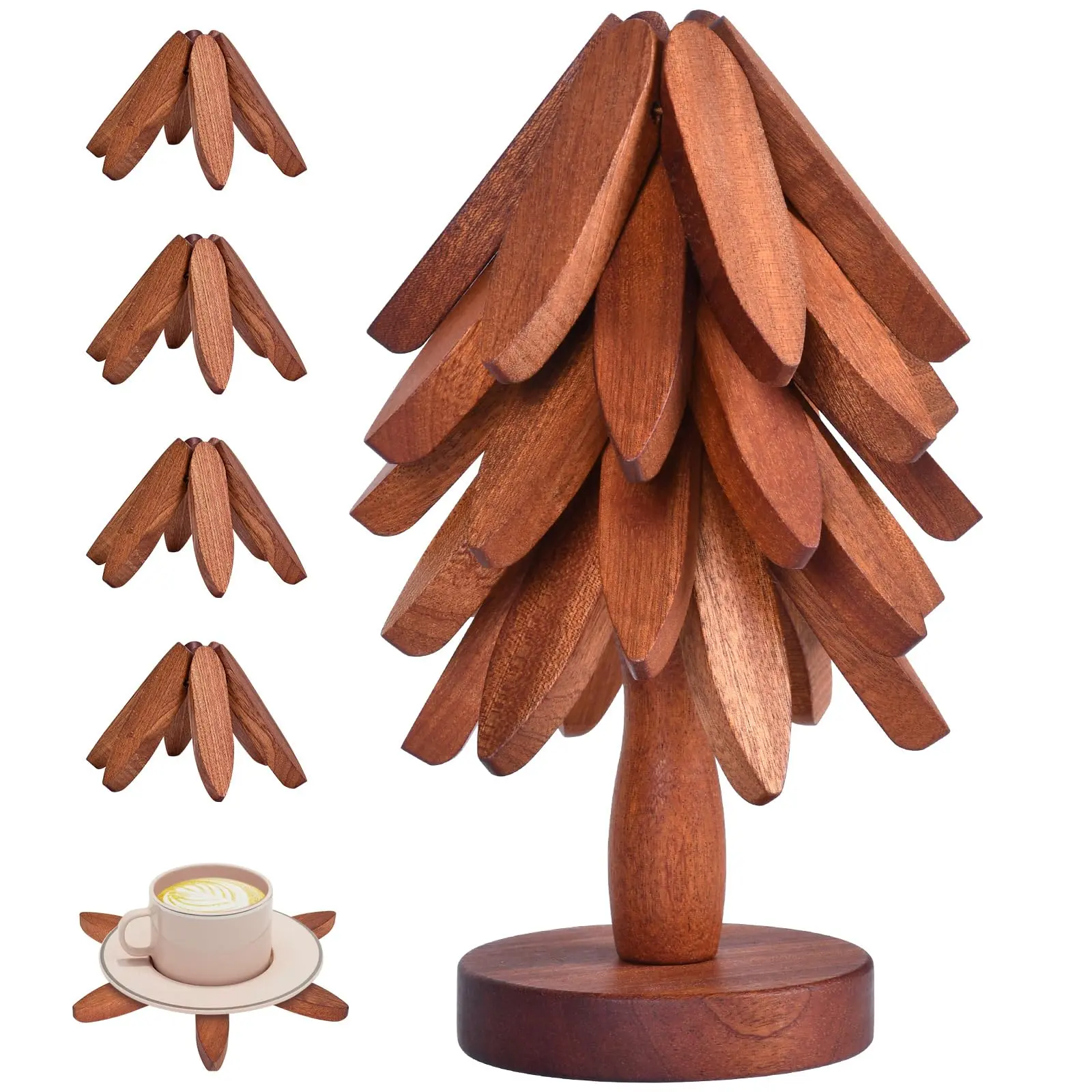 Walnut Wooden Tree Trivets for Hot Dishes, Hot Dish Coaster with Tree-Shaped Wood Collapsible Hot Pad Trivet Tree for Restaurant, 4 Wooden Trivet + 1 Stand
