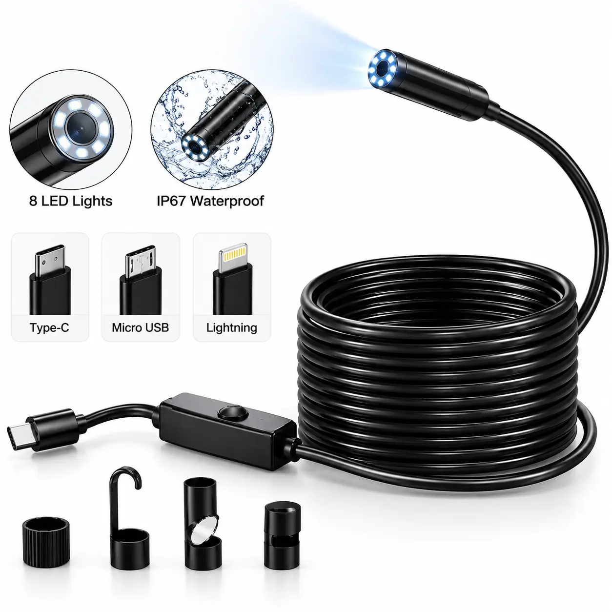 Waterproof Inspection Borescope Camera, Semi-Rigid Snake Cable for Auto & Home Repair