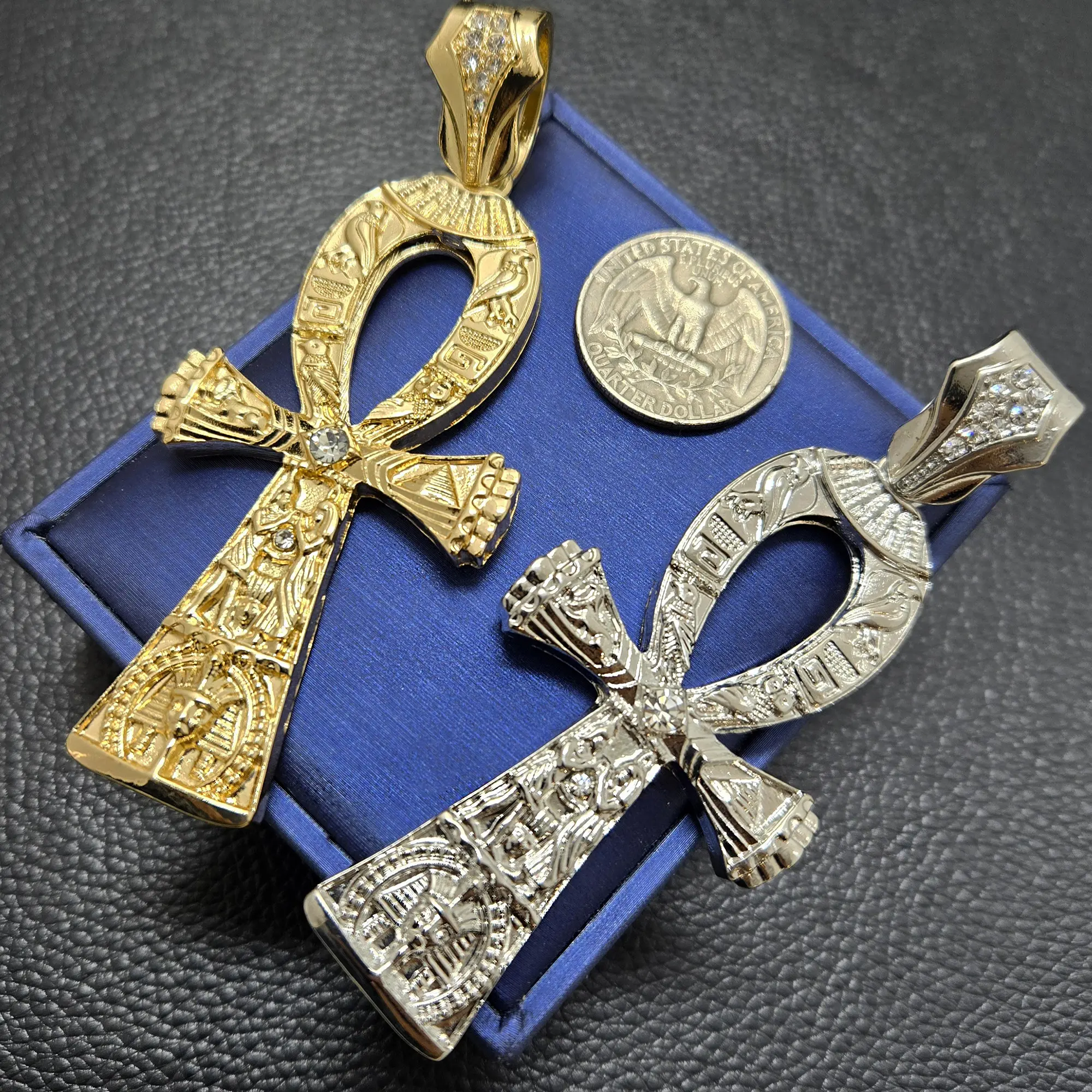 MaxBling81 Unisex 3.6in Gold-Plated Metal Iced Out Cross Pendant Necklace - Bold King Tut Large Ankh Life Symbol, Hip Hop Celebrity Casual Daily Wear Costume Jewelry Gift
