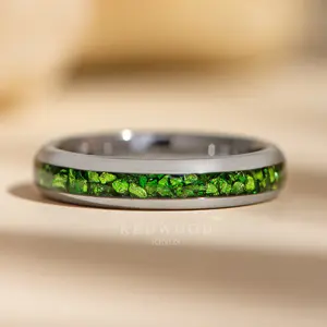 Silver Tungsten Ring with Green Lab-Created Emerald Inlay - 4MM