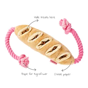 Baguette Plush Dog Toy–Chew, Treat Hiding & Rope Interactive Toy Dog Accessories Calming for Aggressive Chewer Pet Supplies Crinkle Paper Making Sounds Sleeping Toy to Relieve Boredom Tug Toy for Tug of War, Stuffed Durable Dog Chewer Snuffle Dog Toys