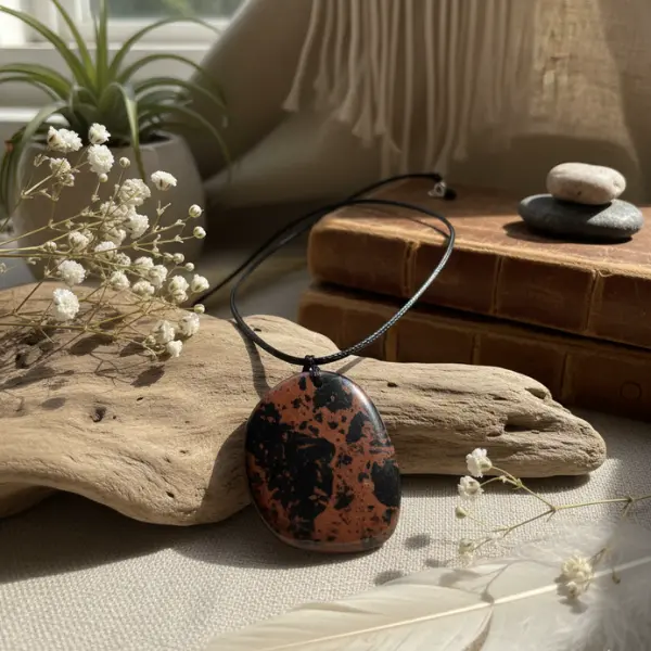 Hand Polished Natural Mahogany Obsidian Pendant Necklace | Healing Crystal Jewelry for Meditation & Protection | Boho Adjustable Cord