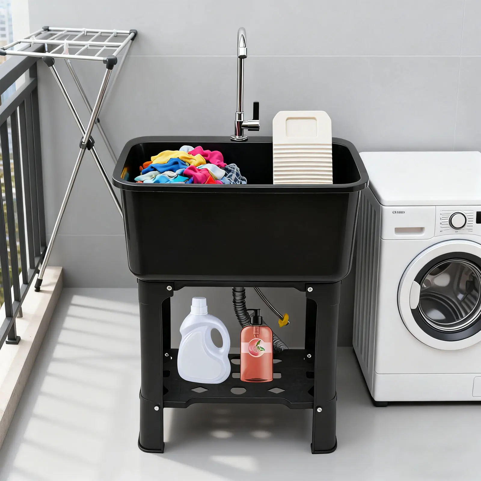 48L Sturdy Plastic Modern Heavy-Duty Utility Sink with 360° Rotating Faucet, Adjustable Storage, for Commercial Kitchen, Laundry Room