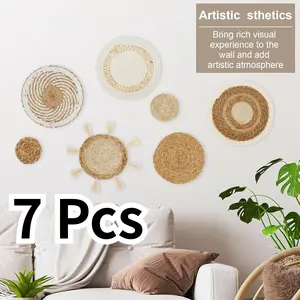 7Pcs Boho Wall Basket Decor Rattan Wicker Round Handmade Hanging Rustic Flat Elegant Wall Art - Indoor/Outdoor Use, Natural Beige & Brown Tones, Perfect for Living Room or Outdoor Decor Kitchen Set sticker tile stick  Farmhouse Artwork Ornaments
