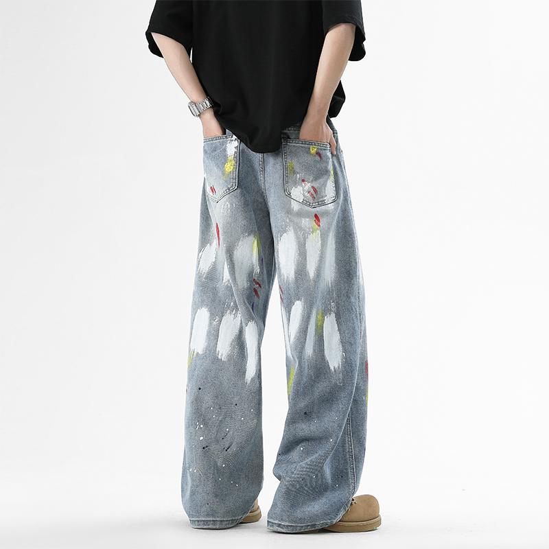 High Street New Trendy Brand Ripped Printed Jeans, Men's Washed Vintage High Street Long Pants for Spring and Fall, Loose Casual Versatile Straight Leg Pants, Niche Design Graffiti Splash Straight Mid-Rise Jeans, Wide Leg Trousers, Men's Jeans, Men's Bott